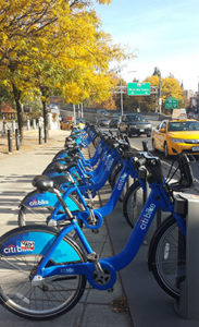An outdoor station for Citibikes, a shared bicycle program in New York City.